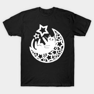 Starry Lunar Cat in the Moon - White Ink T-Shirt